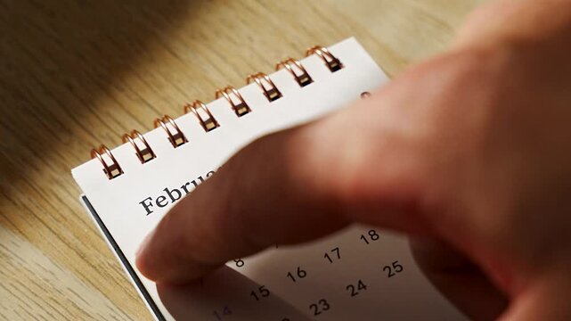 Extreme close up of a finger pointing near February 14 on a desk calendar for 2027, blurred hand over the sunlit spiral page on a wooden desk, concept of Valentines Day date, romantic plans and love 