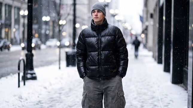 Young Man in Oversized Glossy Puffer Jacket Winter Street Style