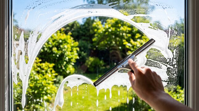 Squeegee Wiping Clear Arc Through Soapy Window Glass