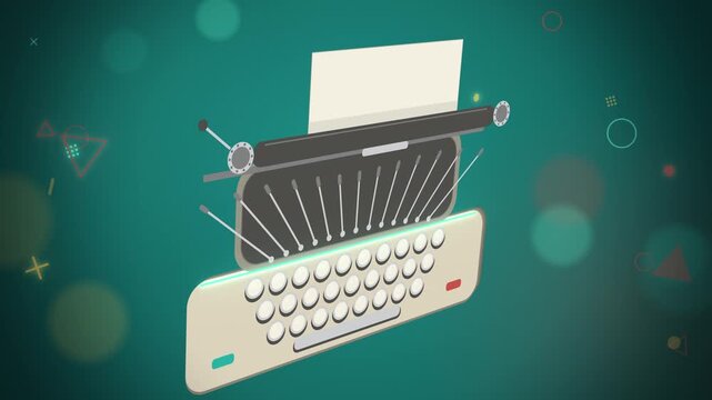 Retro beige typewriter close-up typing on teal background