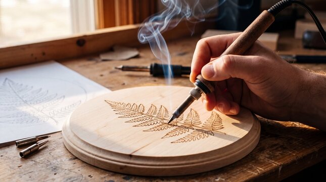 Hands Wood Burning Botanical Design With Pyrography Pen