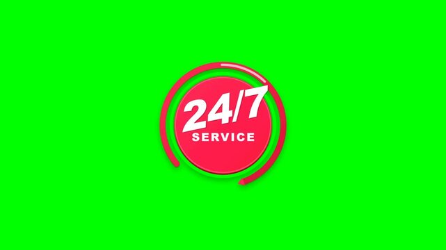 High-energy 24/7 Service availability badge featuring circular arrow activation, 24/7 pop, service confirmation lock, continuous orbit sweep, and sync.