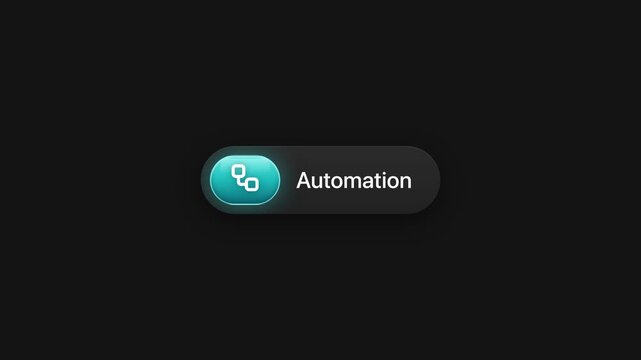 Animated automation button with glowing cyan icon user interface motion graphic on black background