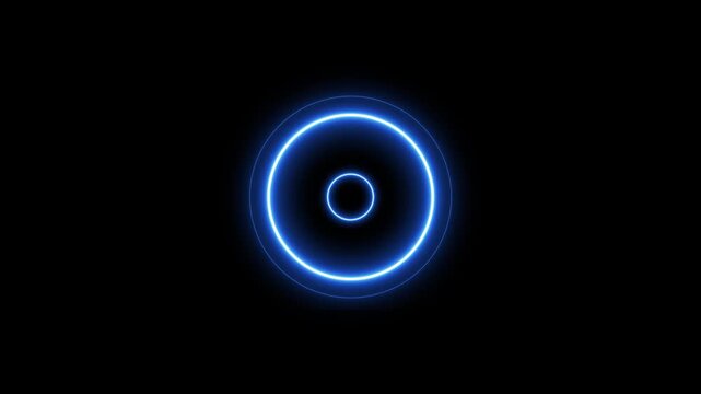Glowing blue neon circles pulsing and flashing on a black background animation loop