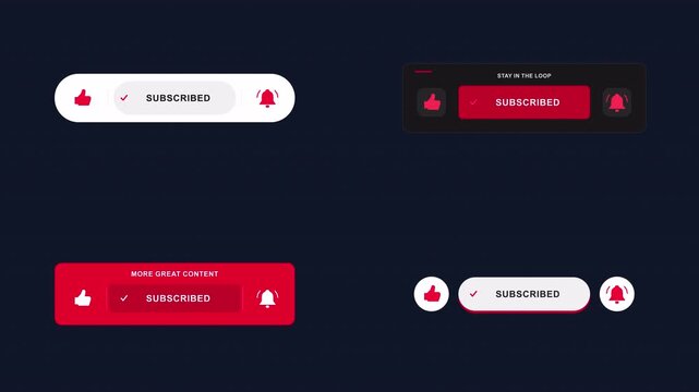 Animated lower third youtube subscribe button like and notification bell icon set with mouse click on transparent alpha channel