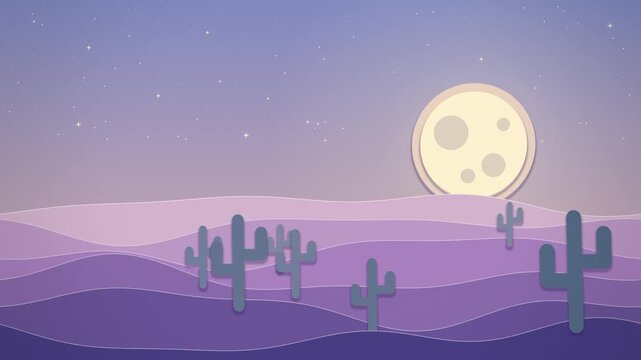Lilac paper cut desert dunes with cacti and full moon seamless loop