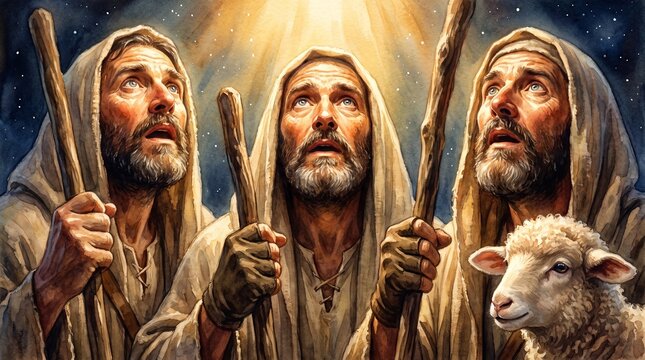 Annunciation to the Shepherds New Testament biblical scene depicts three hooded shepherds bathed in radiant heavenly light beside a lamb.
