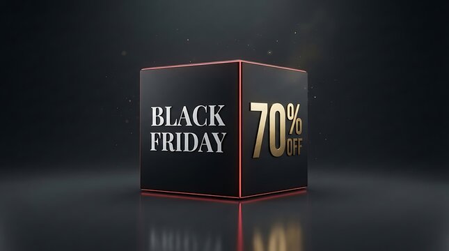 Minimalist black friday cube box with golden seventy percent off discount on dark studio background.