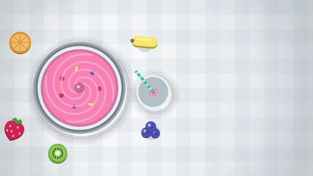 Top view pink smoothie blending with fresh fruit on checkered cloth