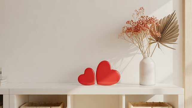 Minimal home decor with red hearts and dried flowers in vase