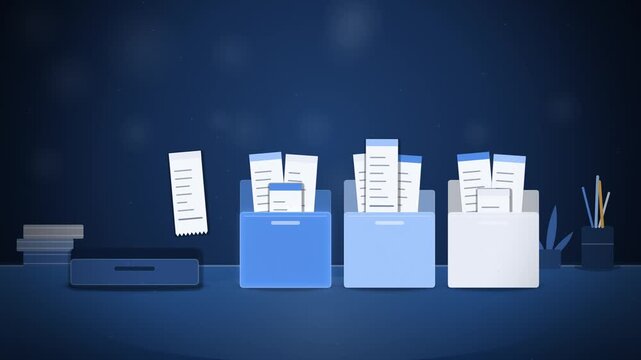 Receipts drop into a tray and sort into three folders on navy blue
