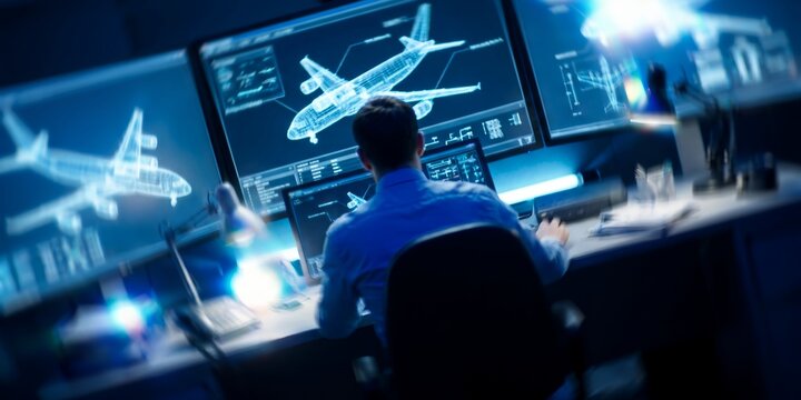 Aerospace engineer working on computer showcasing 3d airplane cad model, digital blueprint displays and control room screens, representing aircraft development and innovative technology