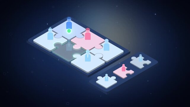 Isometric team fit puzzle with people seamless loop on dark blue