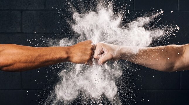 Two Fists Bumping Together With Dust Burst on Dark Background