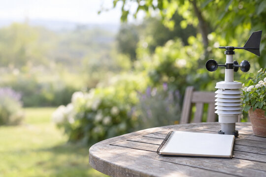 Compact weather sensor on a garden table