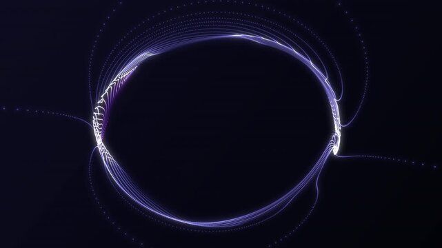 White and lavender light trails trace an oval halo with fine dotted strands. Seamless loop with a clean dark center for logos and elegant title graphics.