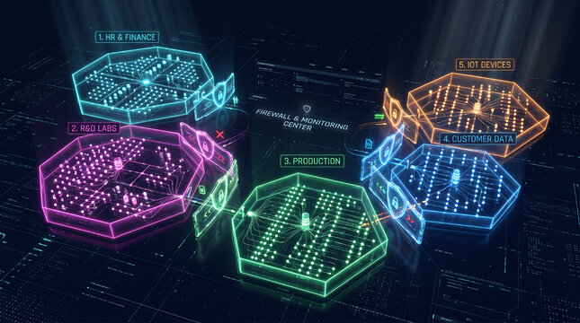 Glowing 3D holographic network micro-segmentation diagram with color-coded enterprise zones and firewall barriers