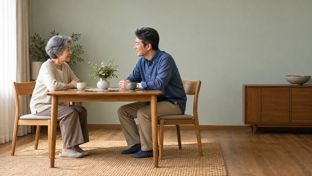 Senior Mother Talking with Her Son at a Dining Table