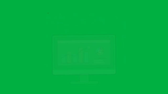 Computer monitor displaying animated charts and analytics data on green background