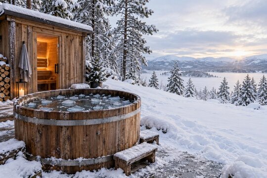 Wooden cold plunge barrel tub with ice water at snowy sauna cabin with forest, lake view at winter sunset, nobody