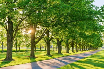Fototapeta premium Tree-lined path with sunlight filtering through green leaves