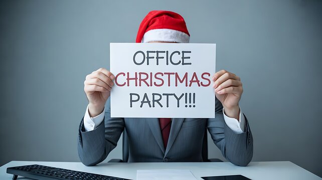 Office christmas party announcement held by businessman in suit