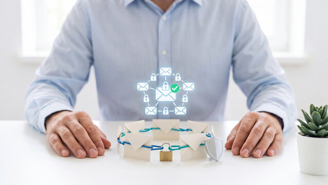 Encrypted email network and protected mail communication concept, man with circle of envelopes tied by rope, padlock and shield under holographic connected mail with checkmark