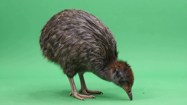 Kiwi Bird Foraging for Food on Green Background