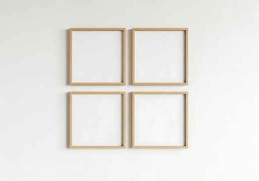 Four empty wooden picture frames on wall