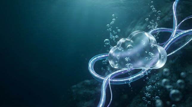 Glowing Glass Cloud Storage Icon Floating Underwater Connected with Fiber Optic Cables