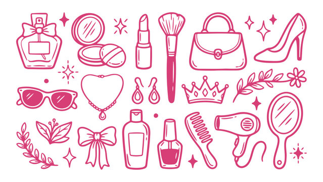 Fashion and beauty collection of hand drawn doodle items featuring makeup accessories and stylish jewelry elements