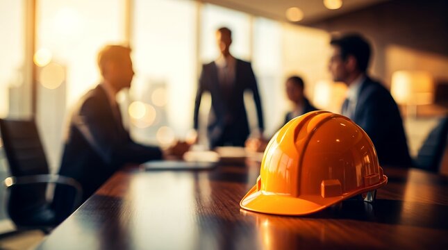 Yellow safety hardhat on wooden table showing blurred business team, boardroom meeting context and corporate office environment, representing construction planning and industrial leadership