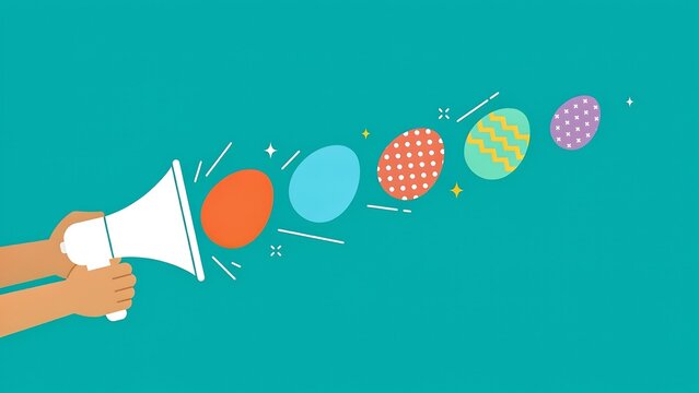 Hand holding a megaphone projecting colorful easter eggs on a teal background