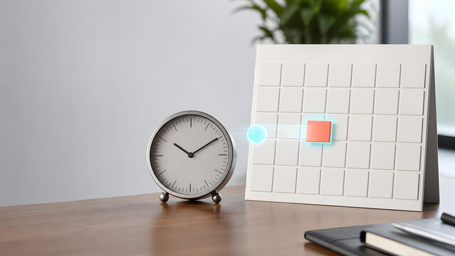 Clock and calendar beside a smartphone for scheduling