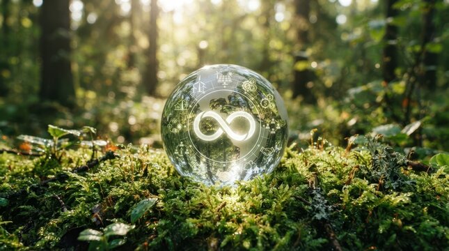 Glass sphere with circular economy icons in a lush green forest