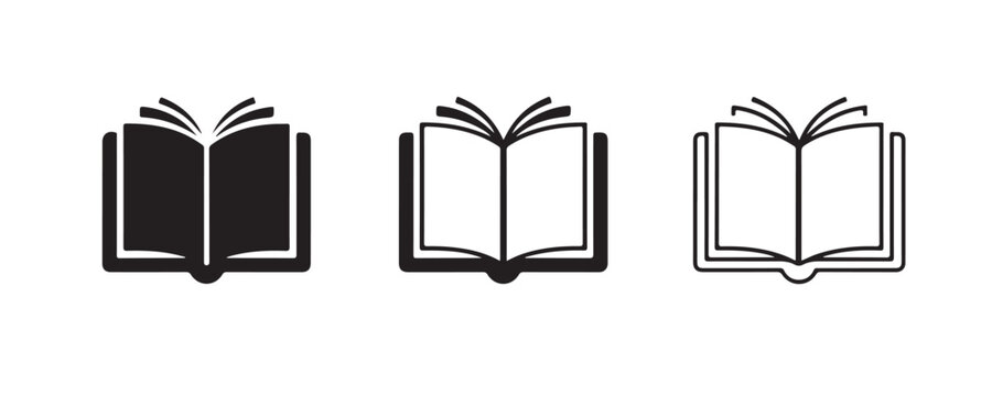 Open book silhouettes with distinct page designs for educational website icons and literary projects.