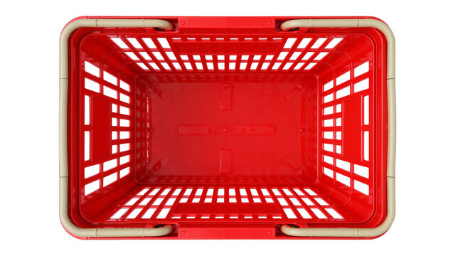 Empty red plastic shopping basket with beige handles, isolated on transparent background