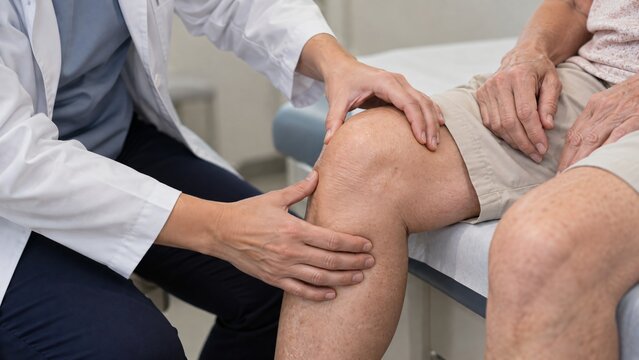 Healthcare professional examining a patients knee during a medical consultation. Knee pain assessment and physical examination. Orthopedic care, injury diagnosis and rehabilitation.