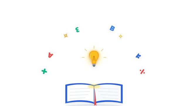 A flat vector animation featuring an open book with a glowing lightbulb and floating educational symbols on a white background. Perfect for e-learning platforms and school video projects.