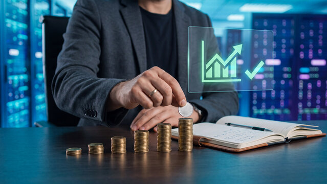 Money saving and investment profit increase concept, businessman stacking coins in rising rows beside notebook and pen under holographic bar chart with arrow and checkmark