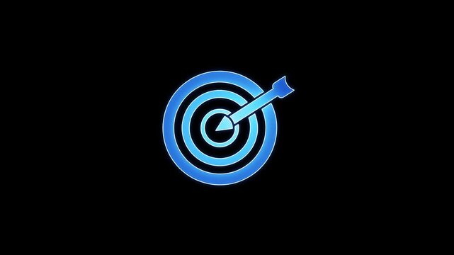 Vibrant blue glowing neon target board icon with arrow hitting the center isolated on dark black background for business strategy concept