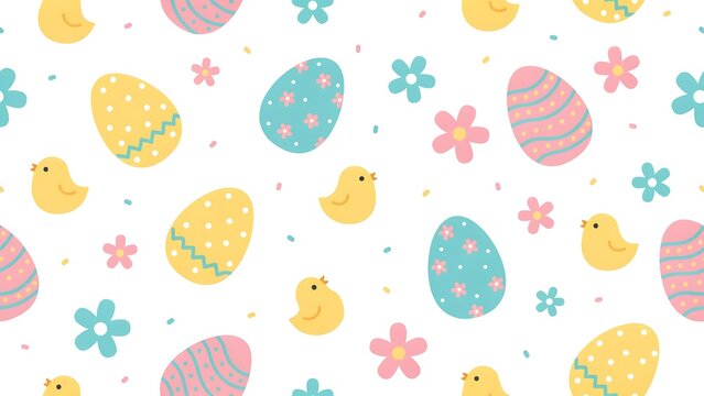 Seamless pattern of easter eggs, yellow chicks, and pink and blue flowers on a white background, for spring holiday