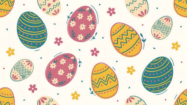 Seamless pattern of colorful easter eggs with floral and geometric on a light cream background, for holiday