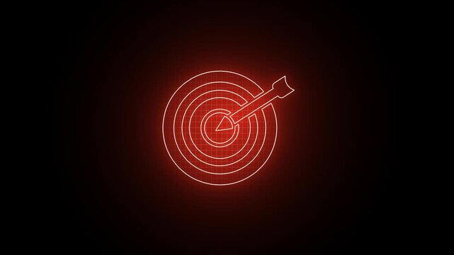 Glowing red neon target board icon with arrow hitting the center isolated on dark background for business marketing and strategy concept