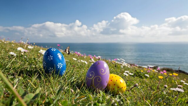 Three decorated easter eggs resting in green grass with white daisy flowers on a hill overlooking the blue ocean sea