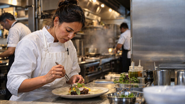 Female chef garnishes a fine dining plate in a busy restaurant kitchen