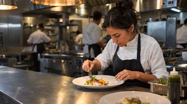 Female chef carefully plates a fine dining dish in a restaurant