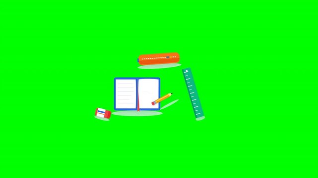 Flat vector animation of school stationery including notebooks rulers and pencils on a bright green chroma key background. Perfect for educational videos and online learning content.