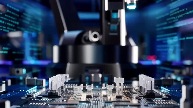Robotic precision arm operating over a glowing circuit board as digital data interfaces surround automated electronics assembly in futuristic industrial technology laboratory