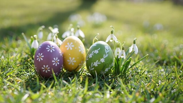 Three painted easter eggs with floral patterns resting in green grass surrounded by white snowdrop flowers on a sunny spring day